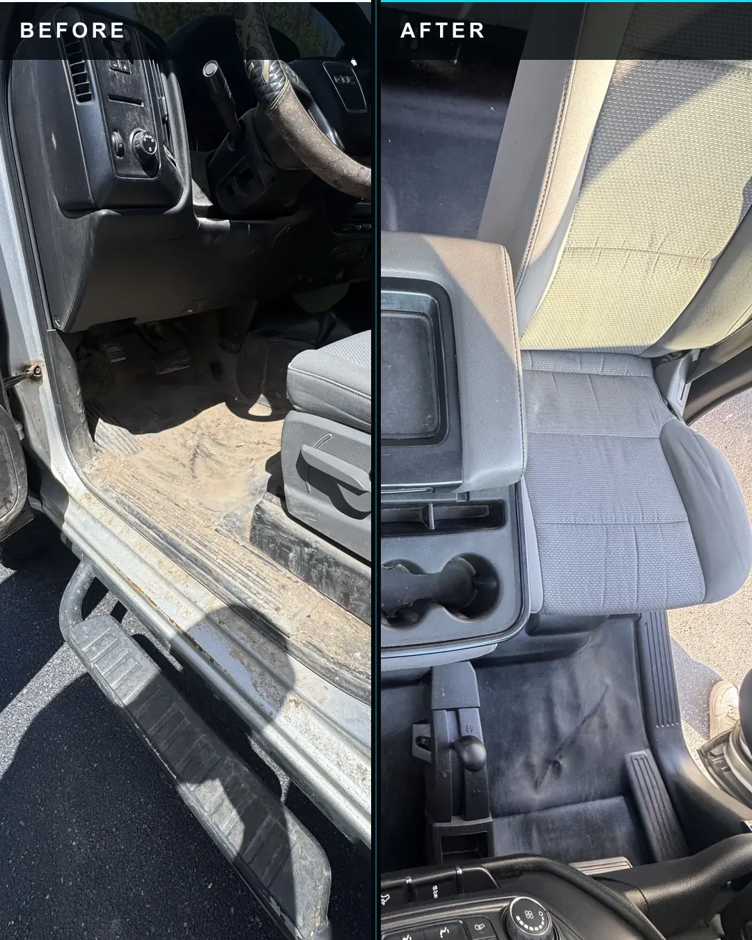 Before and after comparison of a 2017 GMC Sierra front cabin interior detail