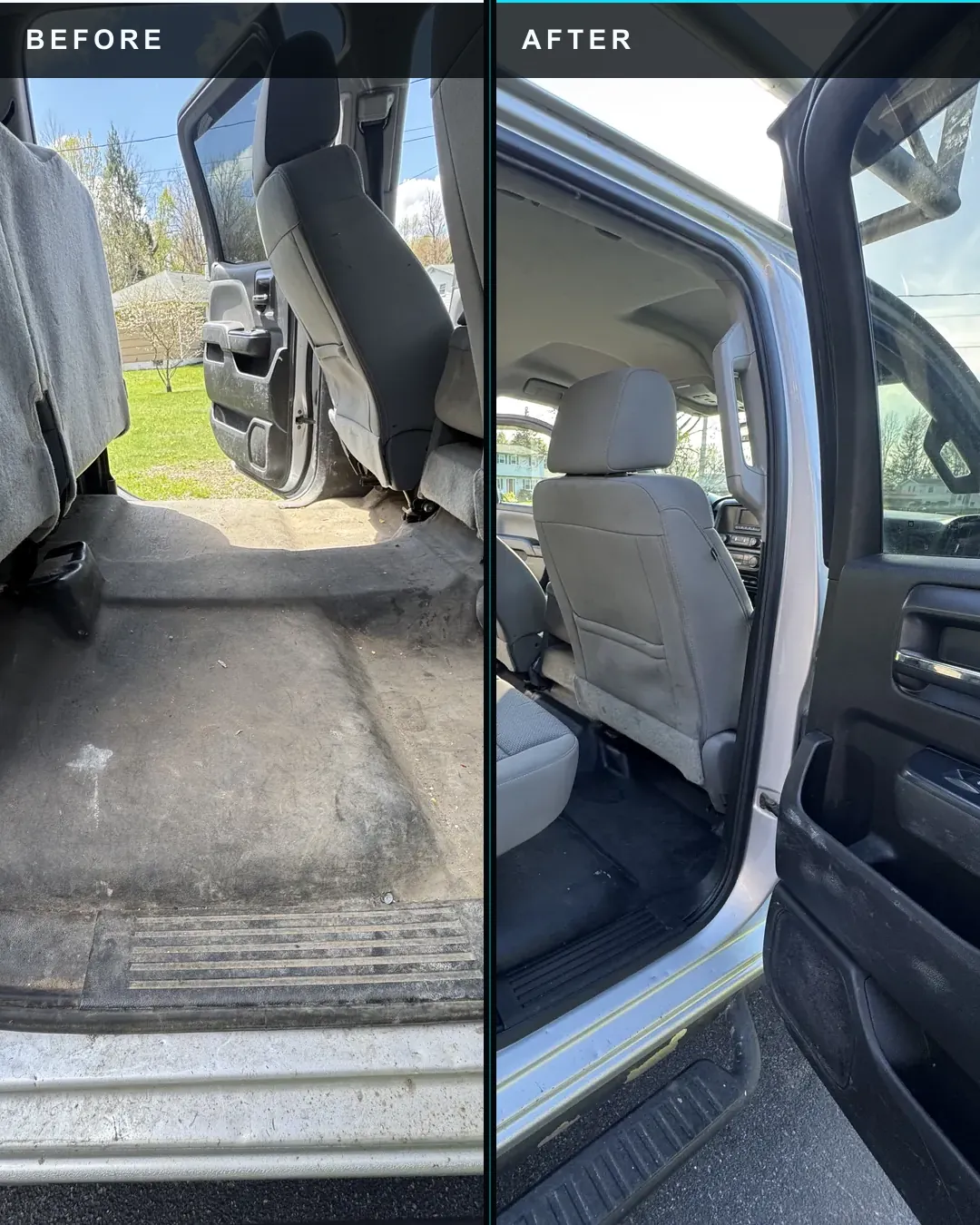Before and after comparison of a 2017 GMC Sierra rear cabin interior detail